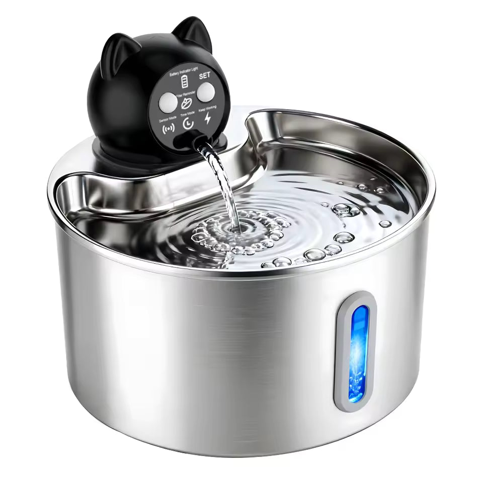Fontaine à eau FAUNVIA pour chat en acier inoxydable, jet d'eau continu et fenêtre de niveau d'eau